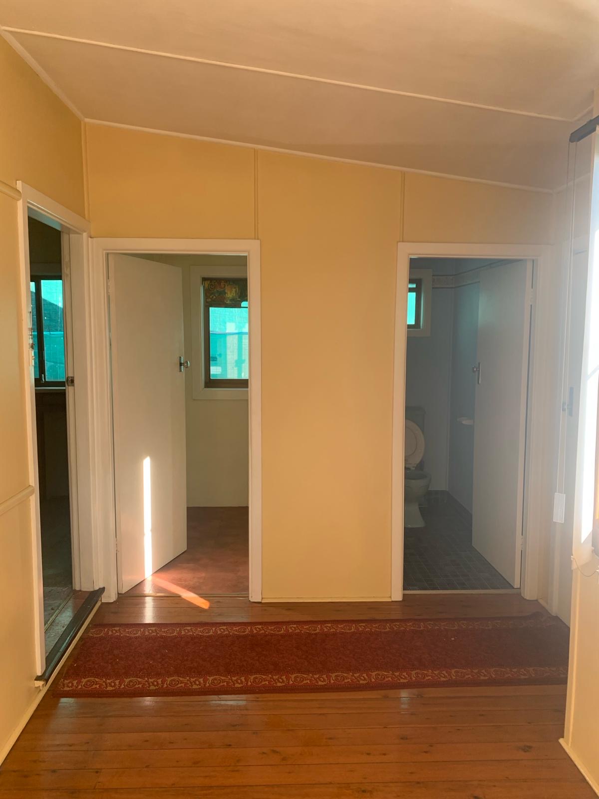 Home interior before stripout — hallway with lined walls, laundry and toilet