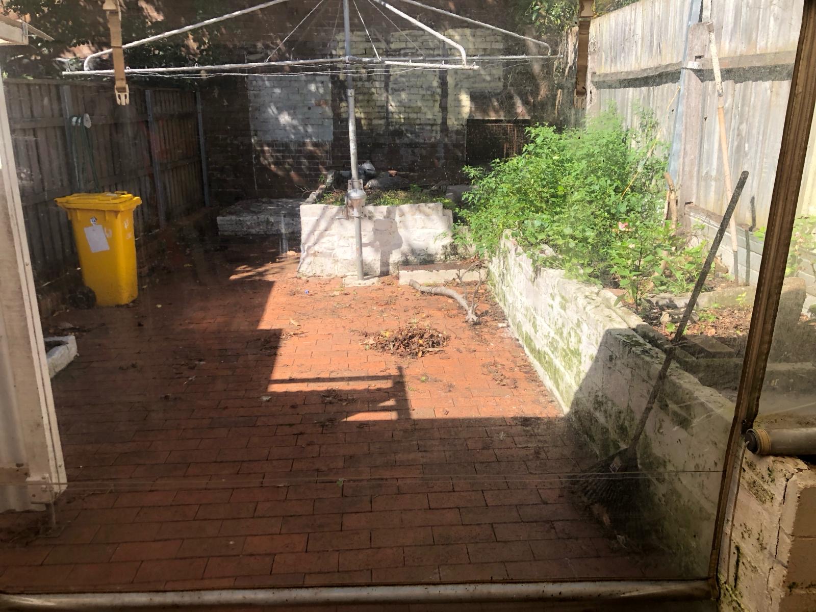 Overgrown brick-paved courtyard with garden beds and clothesline before excavation
