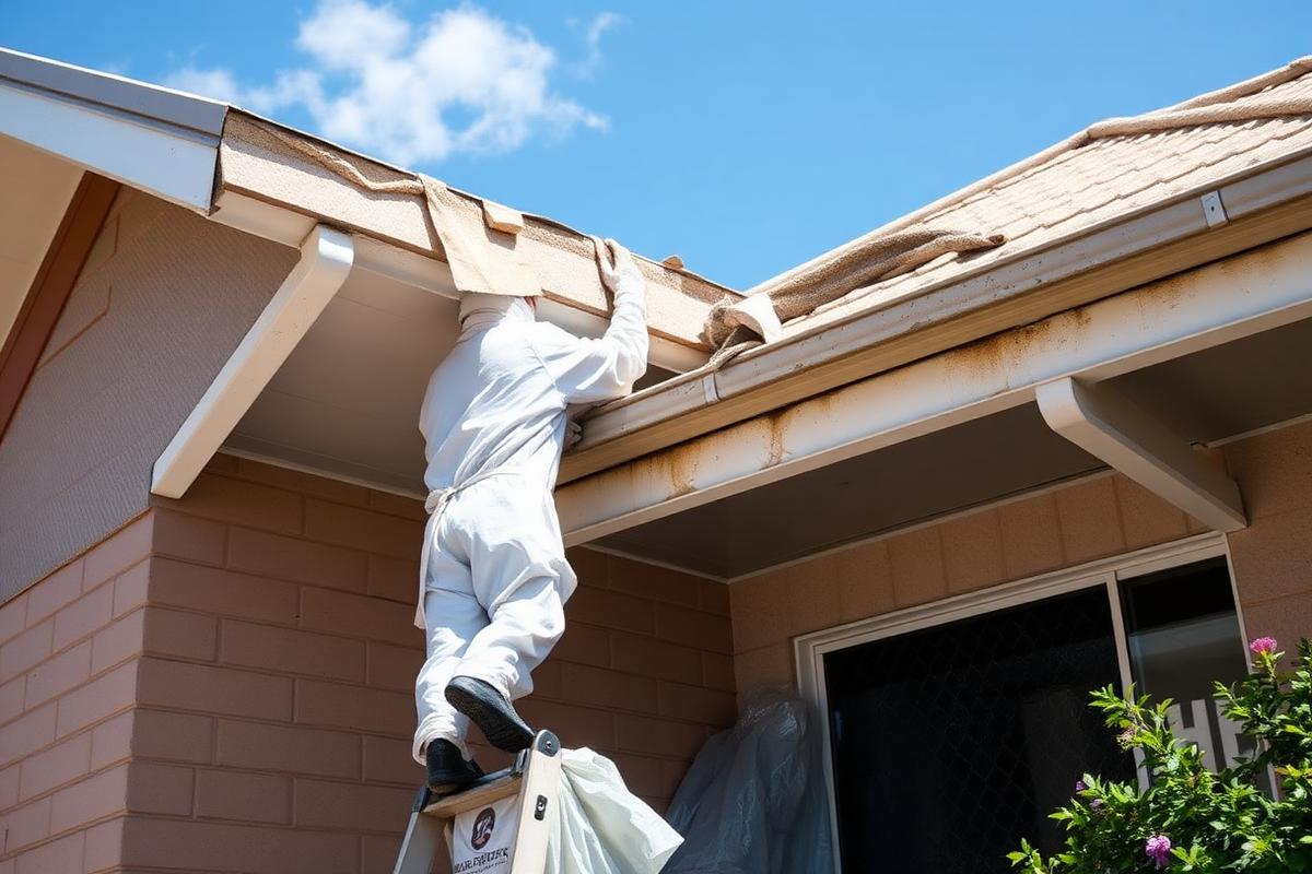 Worker removing asbestos cement eaves and soffit sheeting from an Australian home