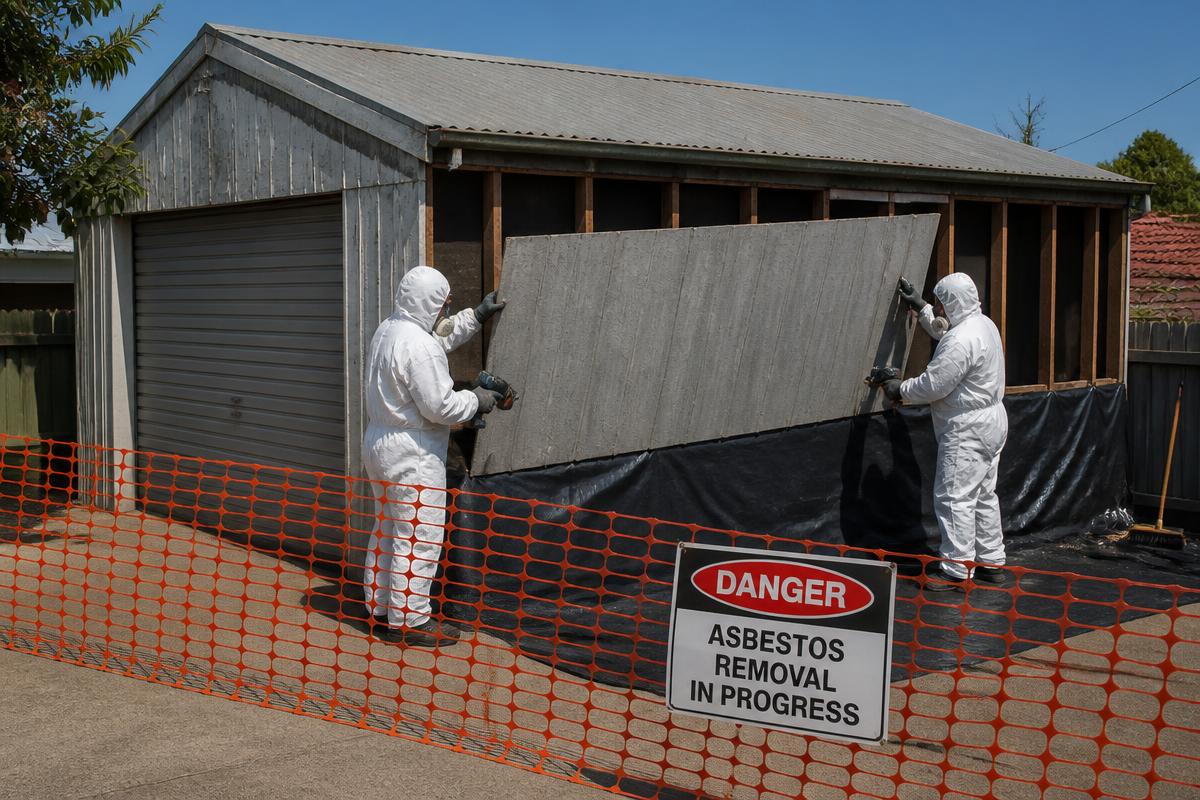 Old suburban garage with asbestos cement wall sheeting being carefully removed by licensed contractors