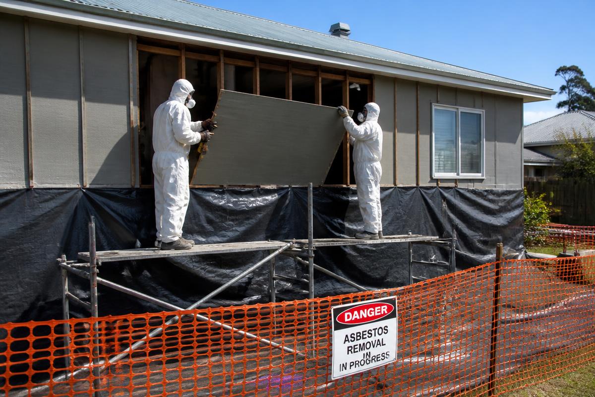 Australian home being stripped of asbestos cement wall cladding with scaffolding and containment sheeting