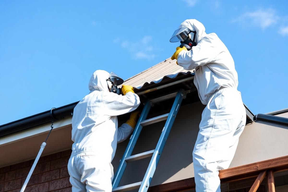 Licensed asbestos removal contractors removing corrugated asbestos roof sheeting in Sydney